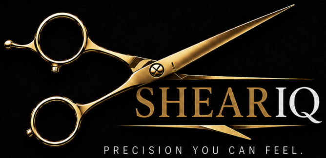 ShearIQ shear sharpening logo with gold shears